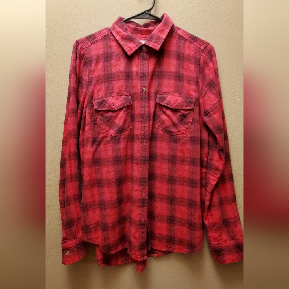 Casual Red Plaid Shirt with Pockets